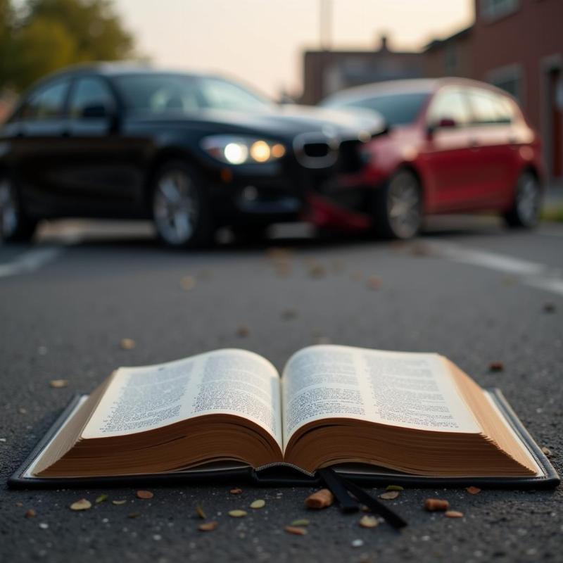 car crash with open bible in the foreground