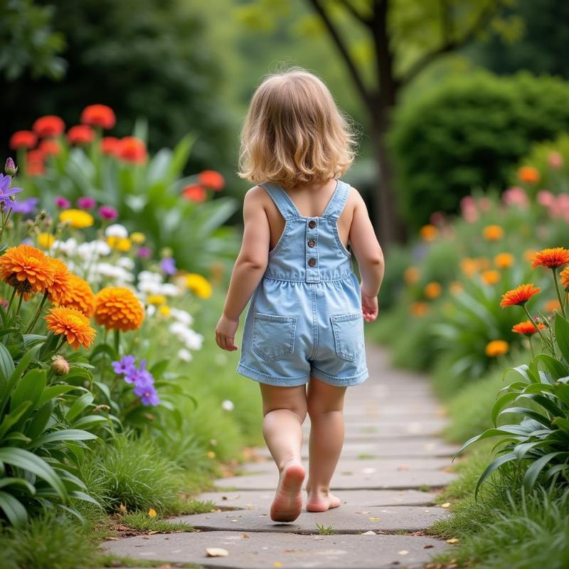 Child Walking Barefoot in Garden