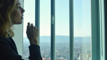 Woman looking out a window made of glass