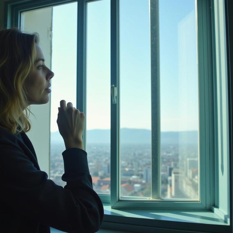 Woman looking out a window made of glass