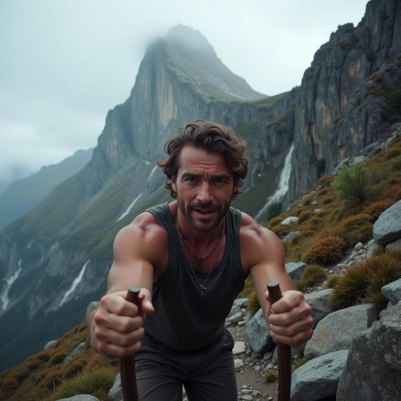 Man struggling to climb a mountain