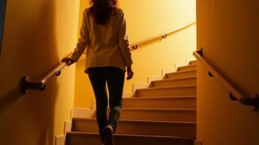 Woman climbing stairs with a confident smile