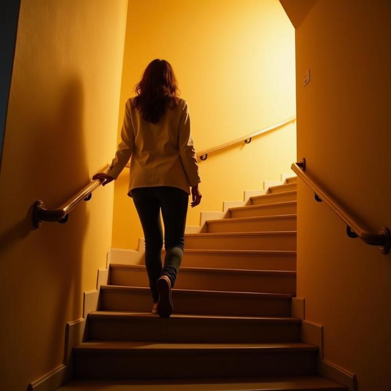 Woman climbing stairs with a confident smile