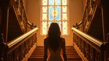 Woman effortlessly climbing stairs