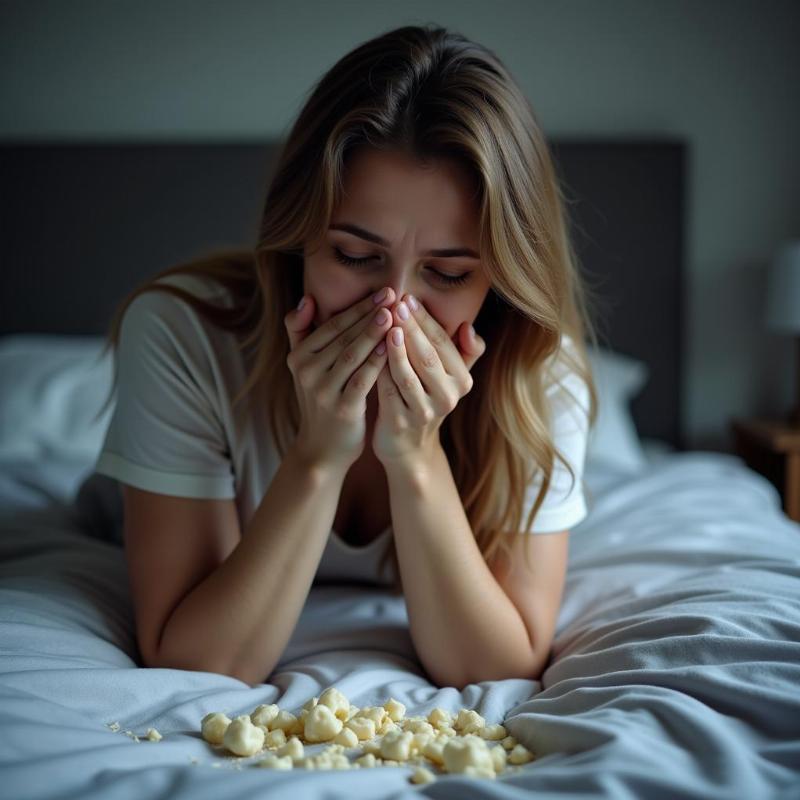 Woman feeling anxious after a dream about crumbling teeth