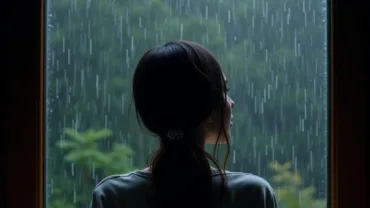 Woman Crying Looking Out Window at Rain