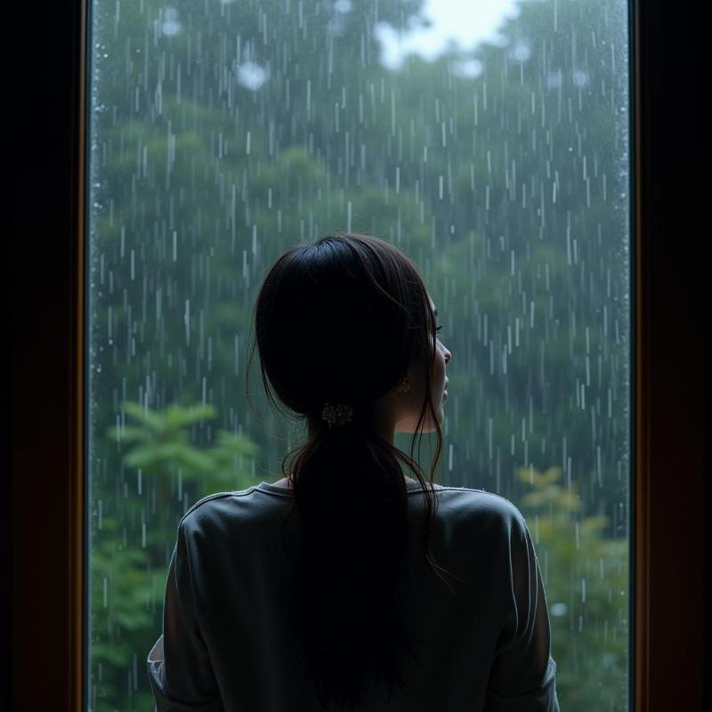 Woman Crying Looking Out Window at Rain