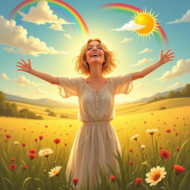 Dream interpretation of crying tears of joy: A woman stands smiling with her arms outstretched, tears flowing freely from her eyes, as symbols of happiness and peace like a rainbow, a rising sun, and blooming flowers surround her