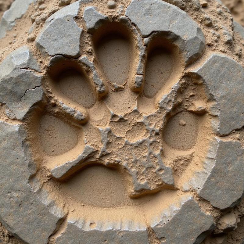 A large dinosaur footprint fossilized in stone