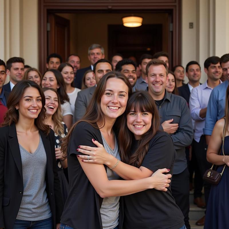 A diverse group of people of various ages and backgrounds happily greet each other outside a church.