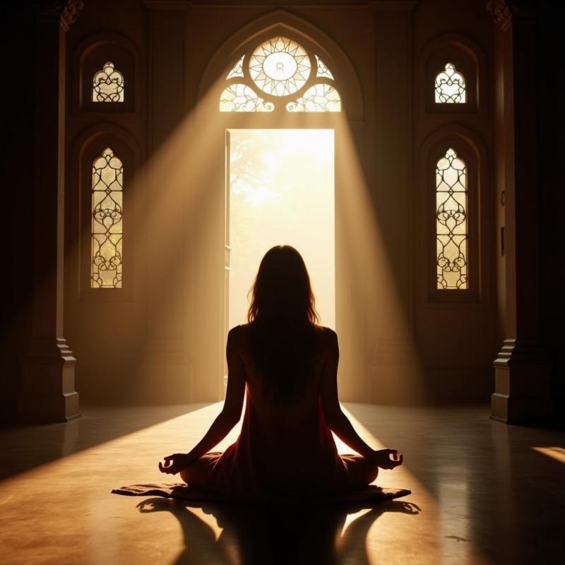 A person meditating within a peaceful temple