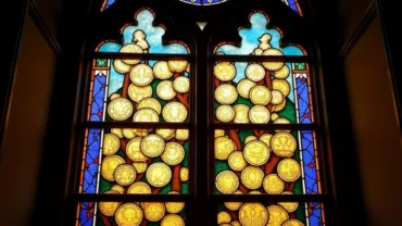 Stained Glass Window Depicting Biblical Coins