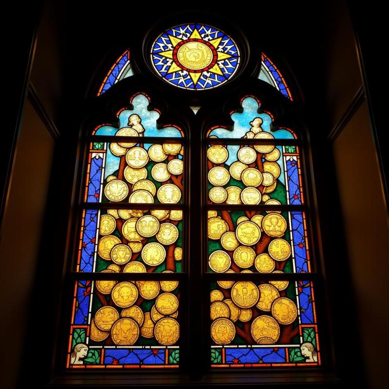 Stained Glass Window Depicting Biblical Coins