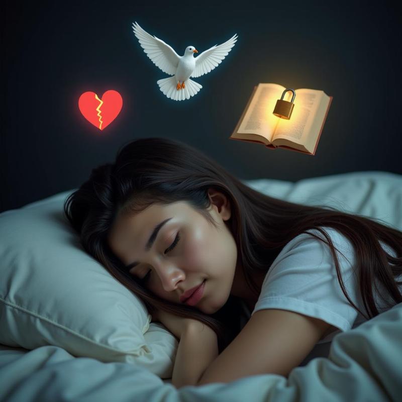 Dream interpretation of crying: A woman asleep in bed, tears streaming down her face, while symbols like a dove, a broken heart, and an open book float around her head