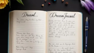 Open dream journal with pen and dreamcatcher