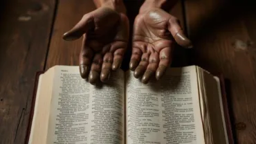 Open Bible and Hands Covered in Mud