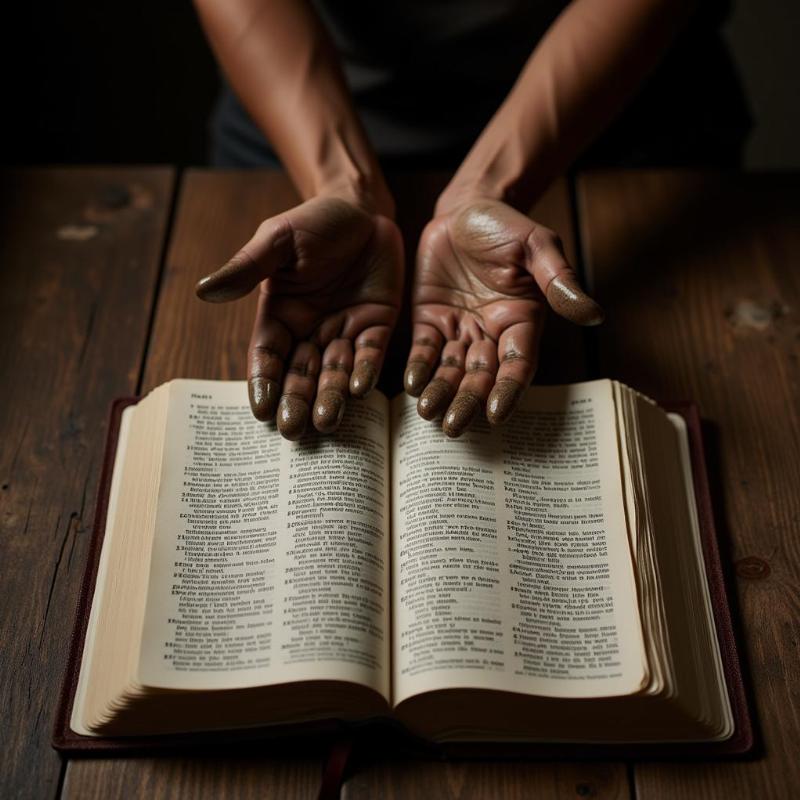 Open Bible and Hands Covered in Mud