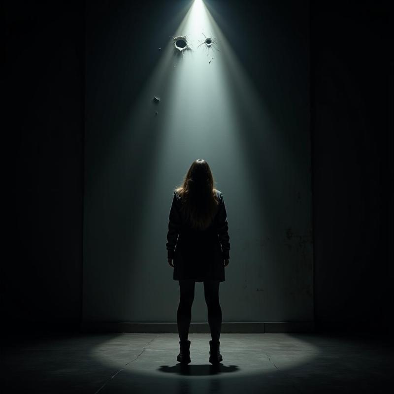 Woman standing alone in a dark room, light shining through a bullet hole in the wall