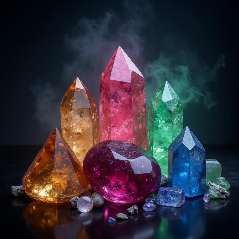 Various gemstones glowing with an ethereal light