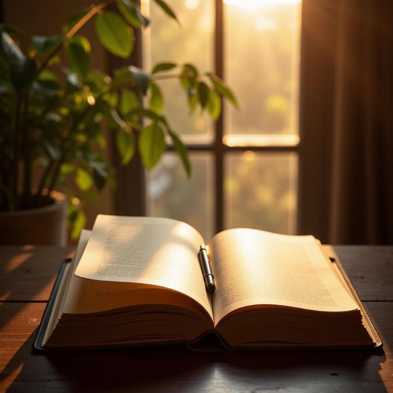 A dream journal open on a table, bathed in warm sunlight