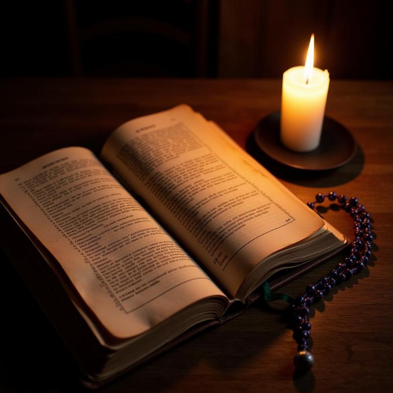 Open journal, a rosary, and lit candle on a wooden table