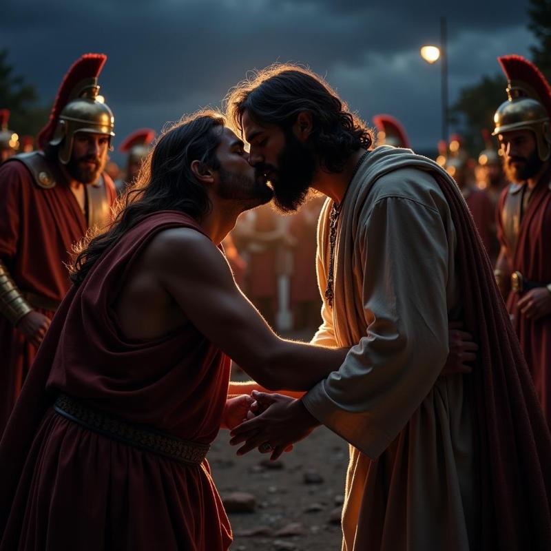 Judas betraying Jesus with a kiss