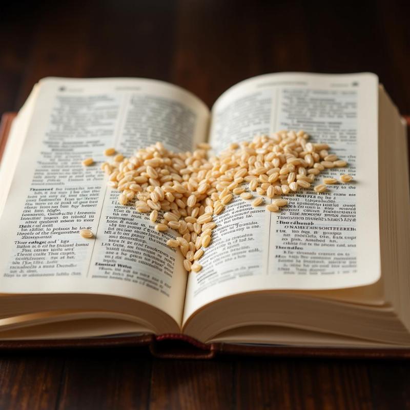 Open bible with rice grains scattered