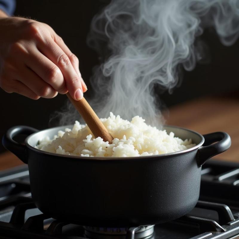 Person cooking rice in a pot