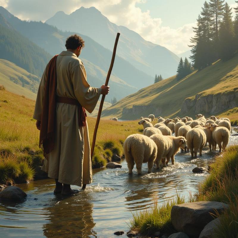 A shepherd gently leading his flock of sheep across a stream.