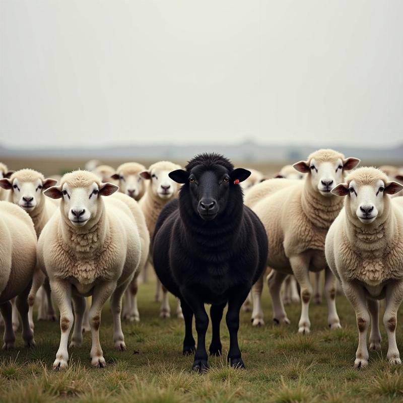 A lone black sheep standing out in a field of white sheep.