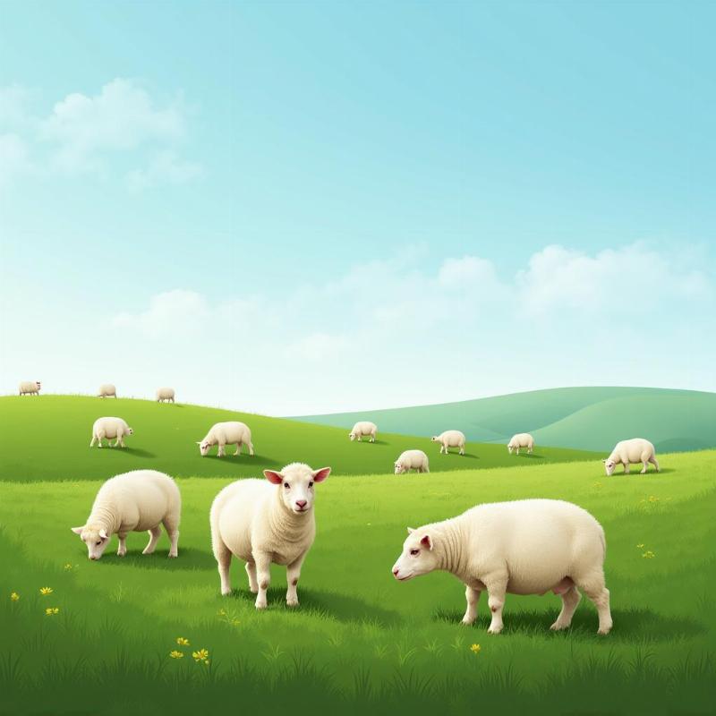 A flock of white sheep peacefully grazing in a green meadow.