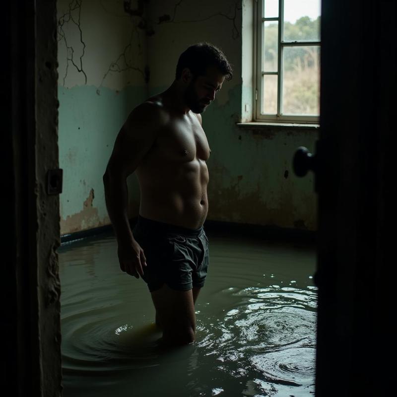 Man surrounded by floodwater in a dream looking overwhelmed