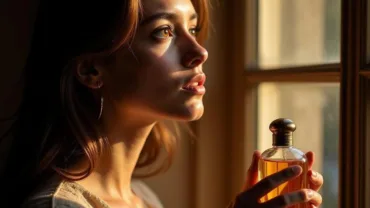 Woman daydreaming with a bottle of perfume