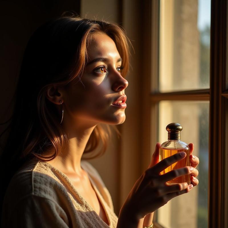 Woman daydreaming with a bottle of perfume