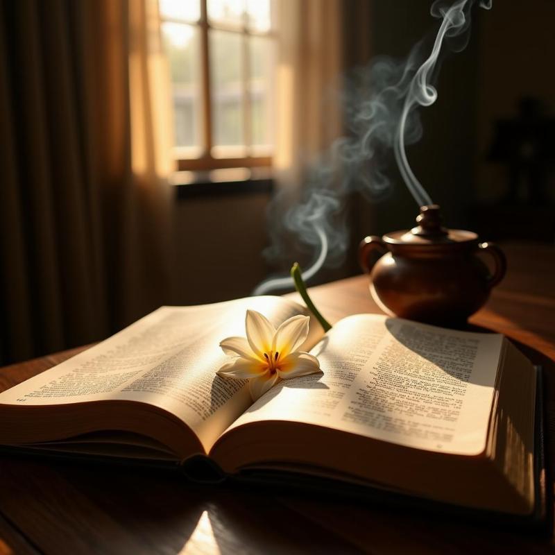 Open Bible with incense smoke and lilies