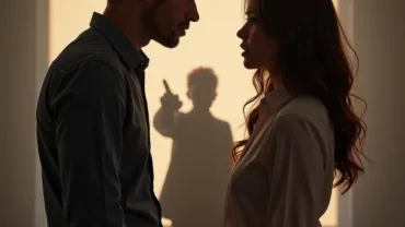 Couple arguing, one person turning away with a shadowed figure pointing a finger at their back