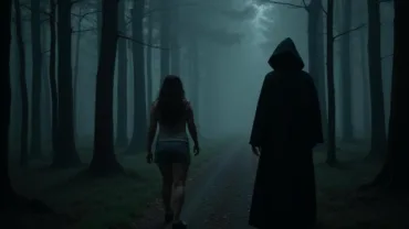 Woman encountering a witch in a dark forest