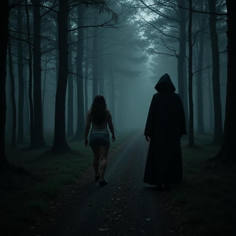 Woman encountering a witch in a dark forest