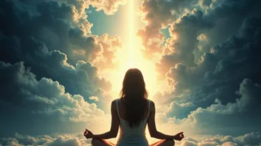 Spiritual Awakening Depicted as Light Beams Emanating from a Woman Meditating inside Nested Dreams