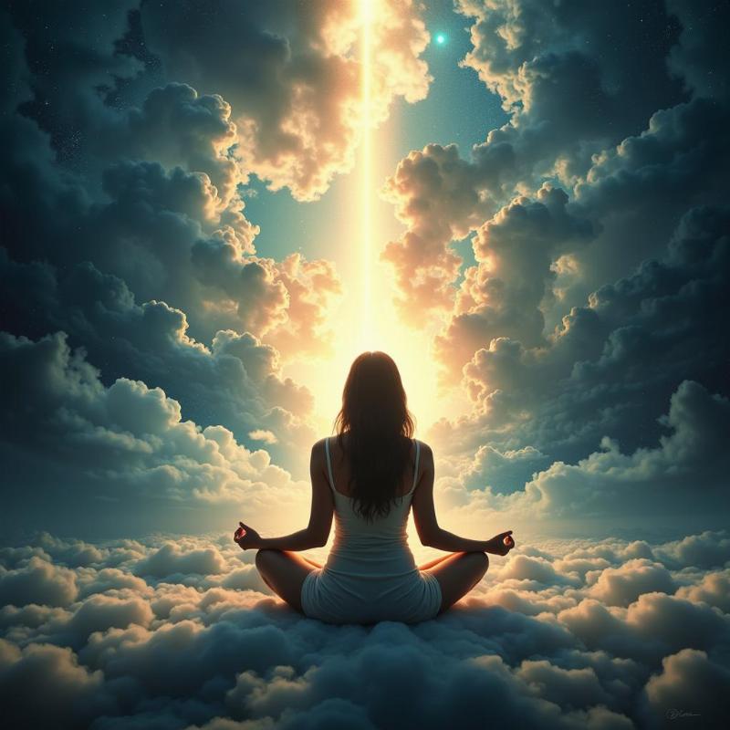 Spiritual Awakening Depicted as Light Beams Emanating from a Woman Meditating inside Nested Dreams