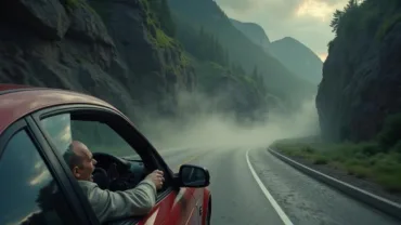 Fearful driver heading towards cliff edge