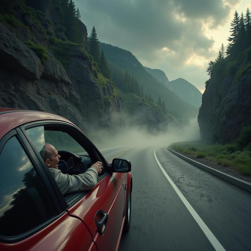 Fearful driver heading towards cliff edge