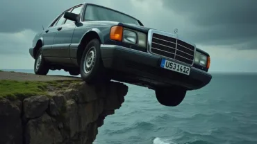 Depiction of a car teetering on the edge of a cliff, representing the feeling of losing control