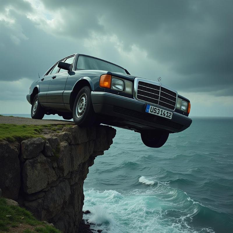 Depiction of a car teetering on the edge of a cliff, representing the feeling of losing control