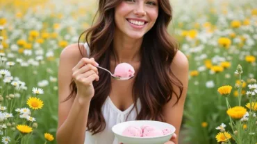 Smiling woman enjoying a bowl of ice cream in a dream