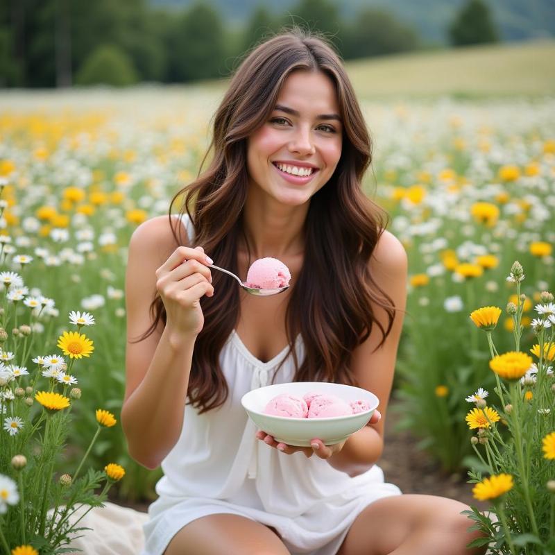 Smiling woman enjoying a bowl of ice cream in a dream