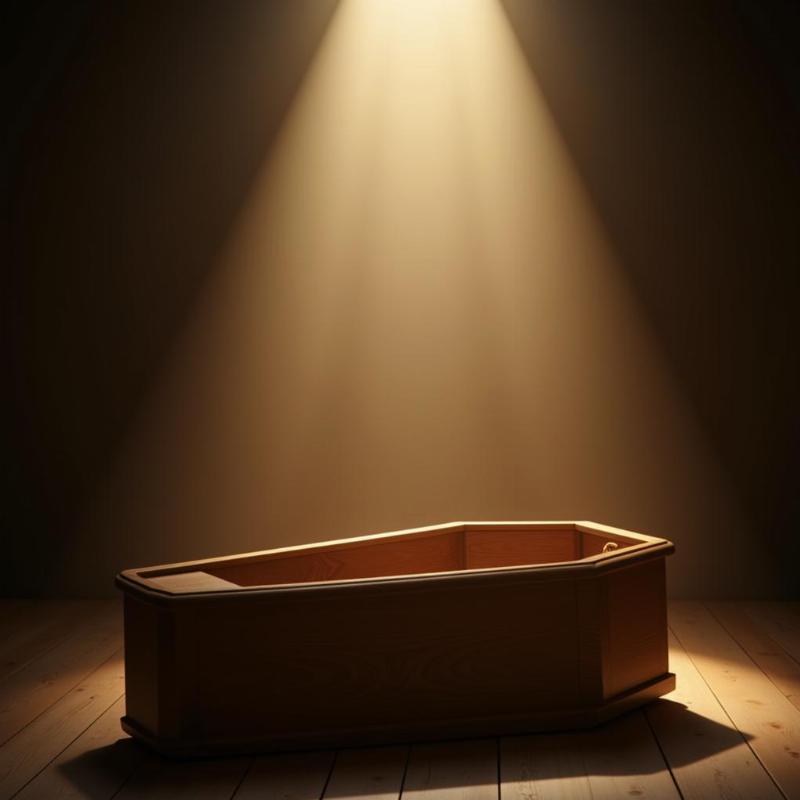 Empty coffin bathed in ethereal light