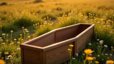 An empty wooden coffin resting peacefully in a sunlit meadow