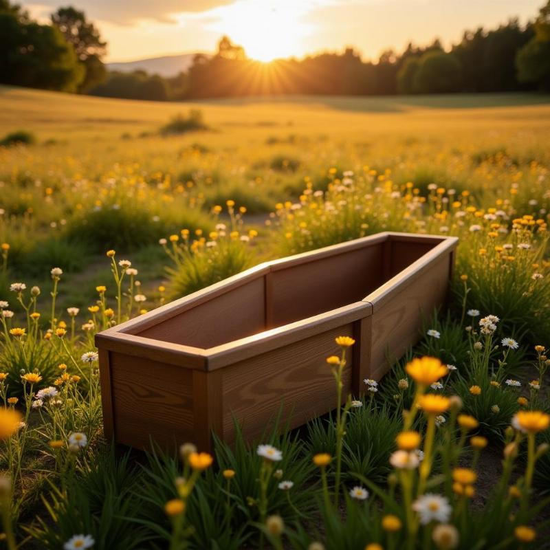 An empty wooden coffin resting peacefully in a sunlit meadow