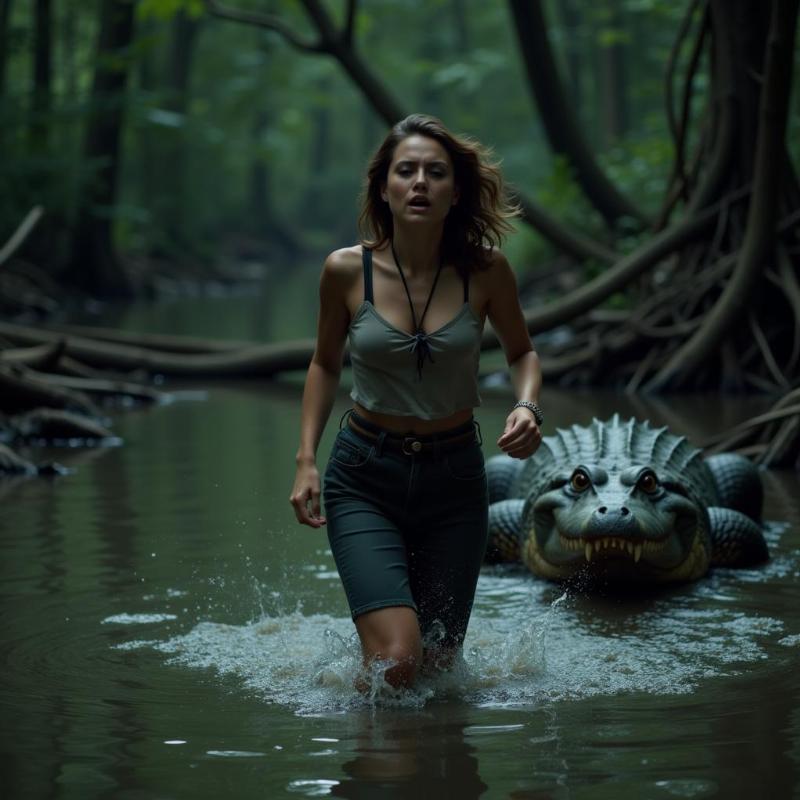 Woman running from a crocodile in a dark swamp